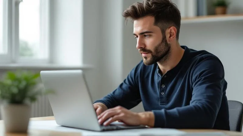 Mann arbeitet konzentriert am Laptop in einem hellen Raum in Kiel